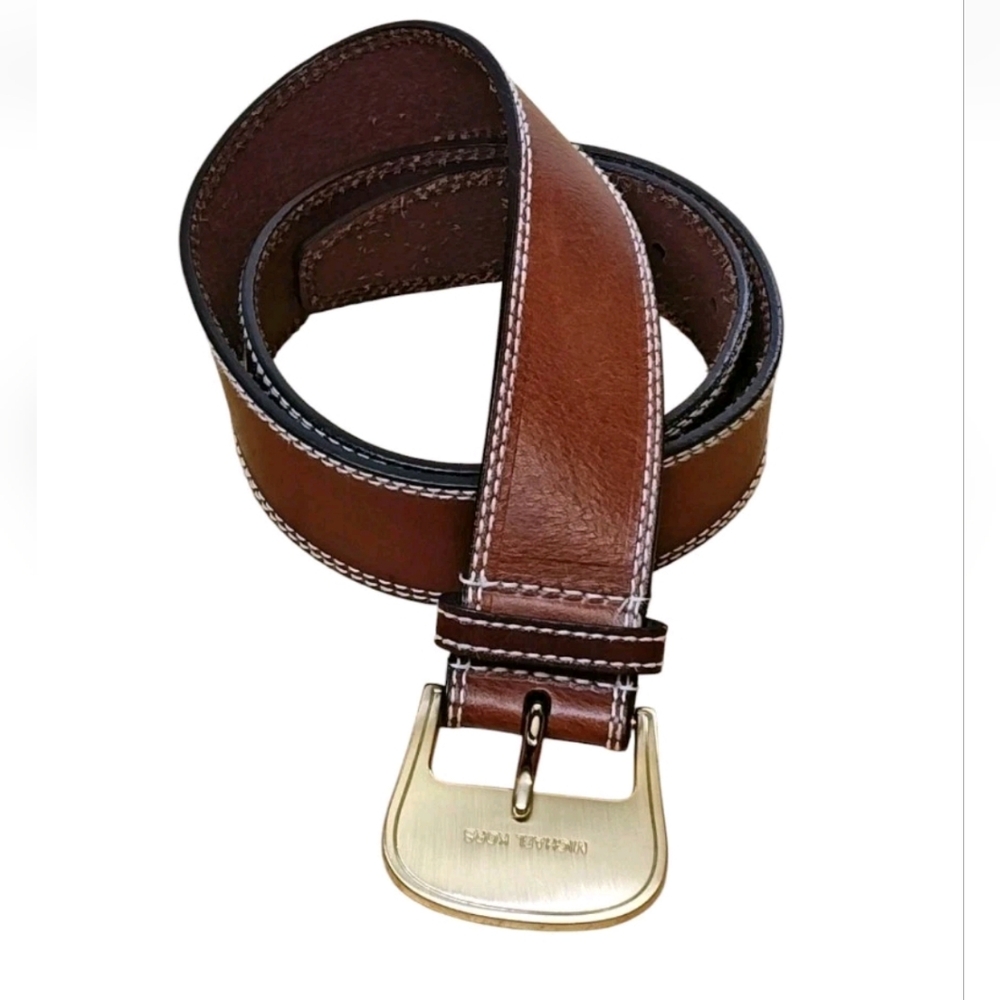 Michael Kors Brown Leather Belt Woman Med 31-34 Gold Buckle Preppy Western Boho - Picture 6 of 13